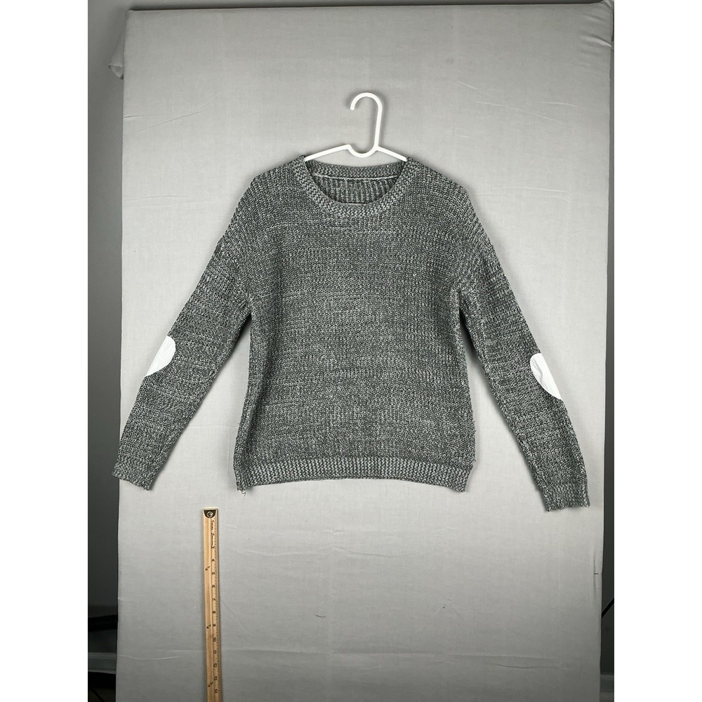 Y2K Grunge Marled Knit Sweater XL Gray White Elbow Patches‎ Crewneck